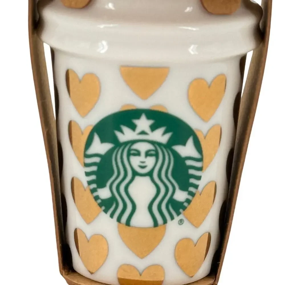 Starbucks 2015 White Gold Heart Cup Ornament Mini Tumbler Christmas